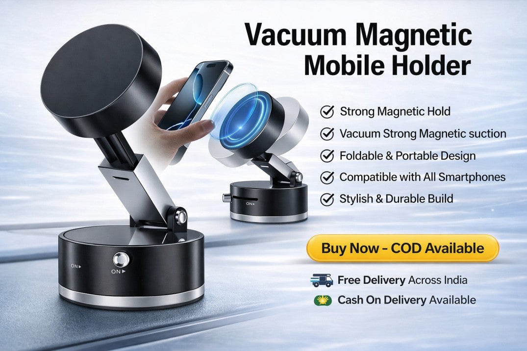 Vacuum magnetic mobile holder with smartphone on a light gray background