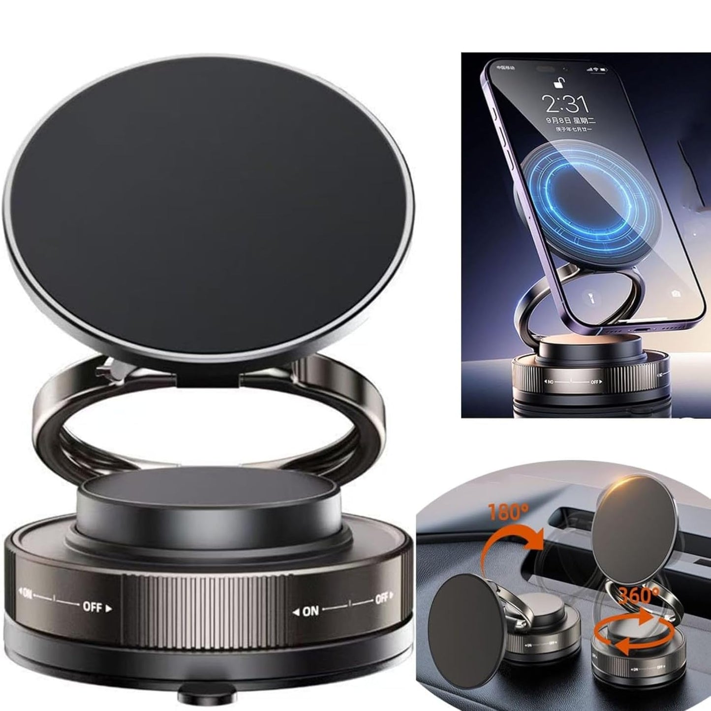 Vacuum Magnetic Car Phone Holder – 360° Adjustable Strong Suction Mobile Stand